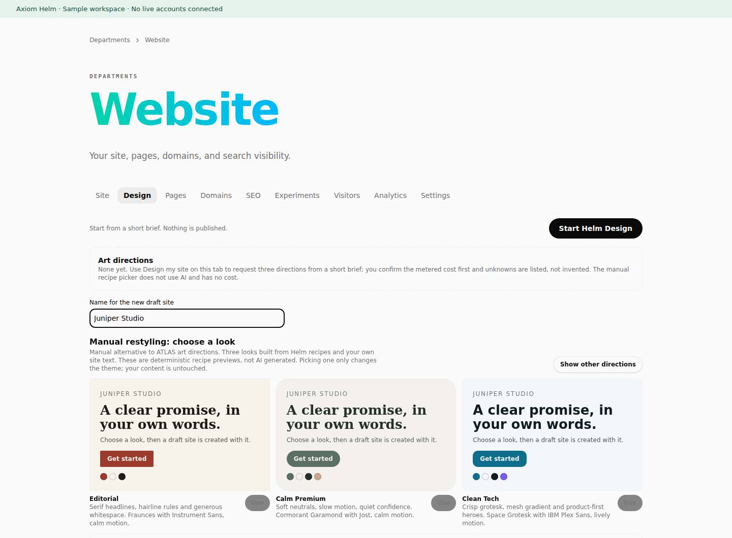 The real Axiom Helm Website Design screen with three direction previews for the sample business Juniper Studio.